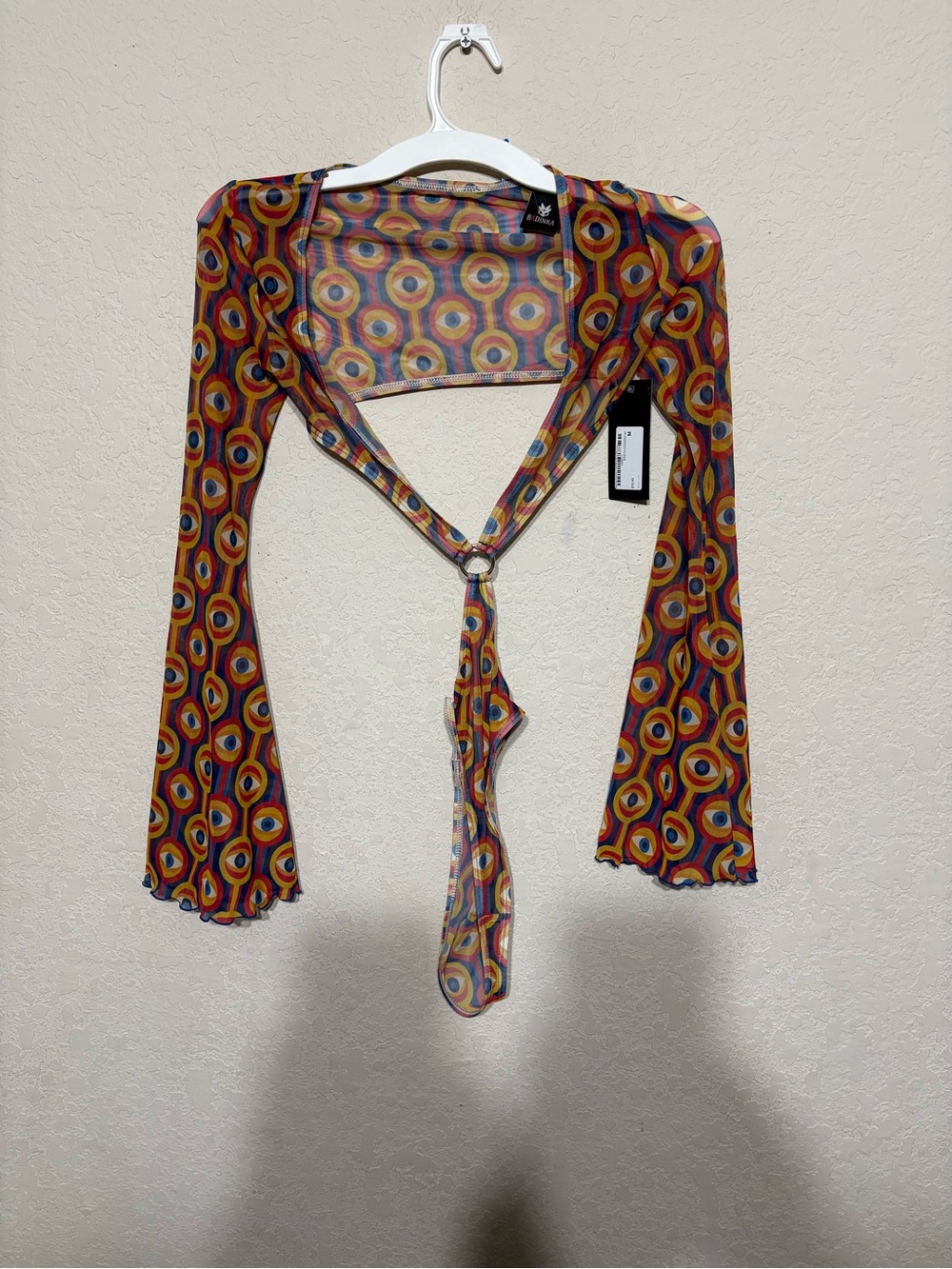Badinka Rave Wonderland Voodoo Sheer Tie-Front Blouse in Multi-Color Retro Print